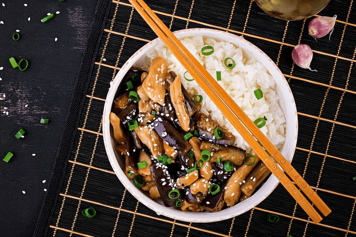 Basil Chill  Eggplant Chicken Over Rice